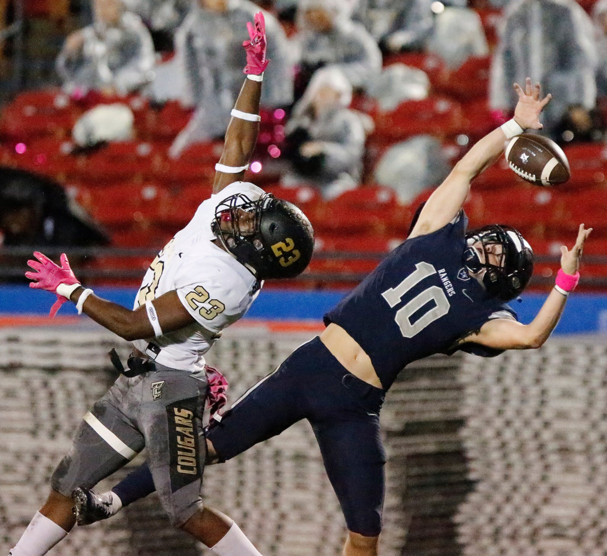 Lone Star High School wide receiver Jake Bogdon (10) was unable to hang onto the wet...