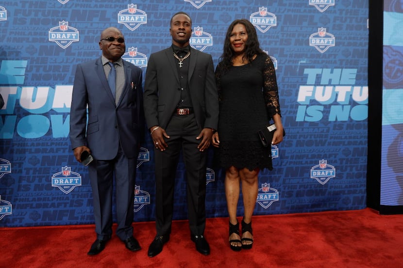 Colorado's Chidobe Awuzie arrives for the first round of the 2017 NFL football draft,...