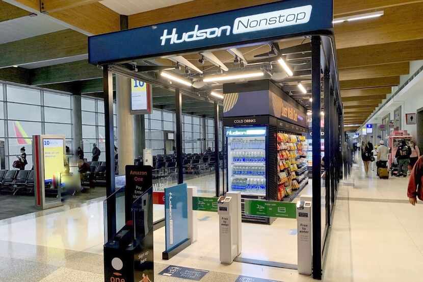 The Hudson Nonstop store at Dallas Love Field features the palm-scanning Amazon One...