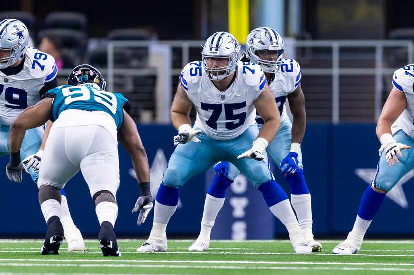 Dallas Cowboys offensive tackle Josh Ball (75) is seen during the first half of an NFL...