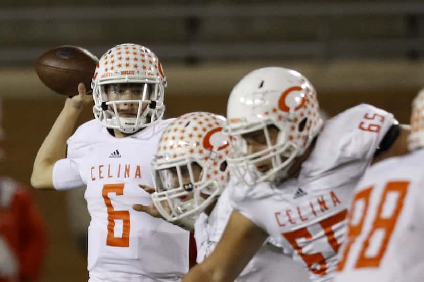 Celina's Conner Pingleton prepares to throw the ball in the 2nd quarter as Celina faces Krum...