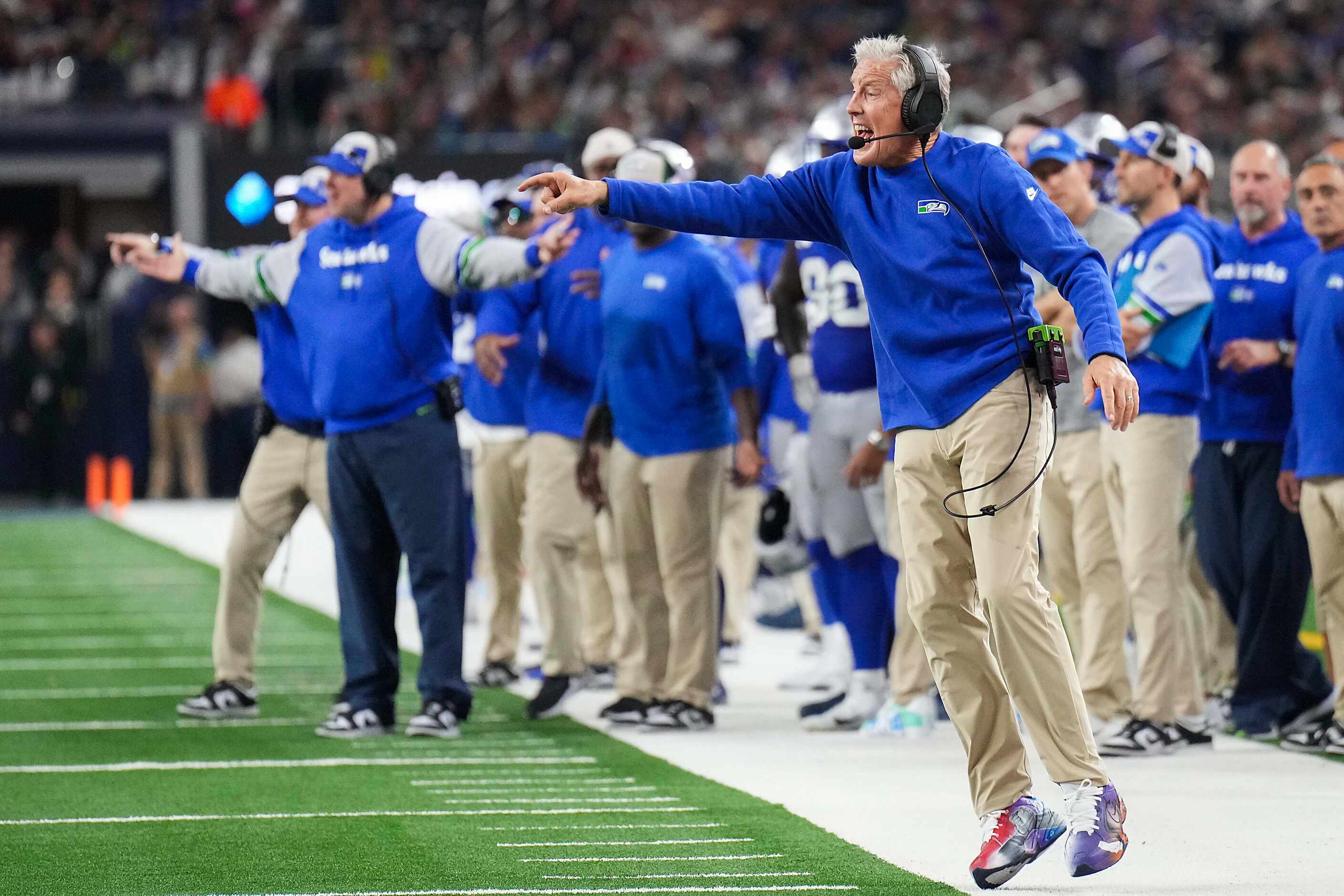 Seattle Seahawks head coach Pete Carroll reacts on the sidelines during the second quarter...