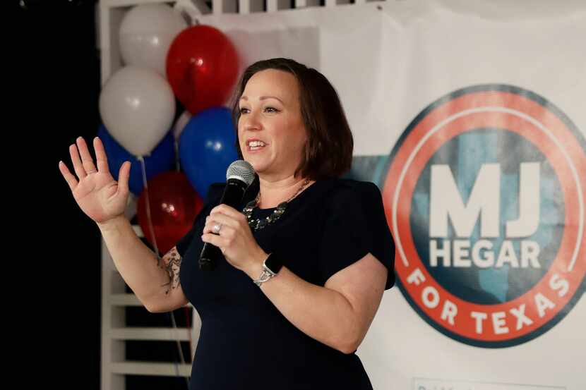 Democratic U.S. Senate candidate MJ Hegar speaks to supporters during her election night...