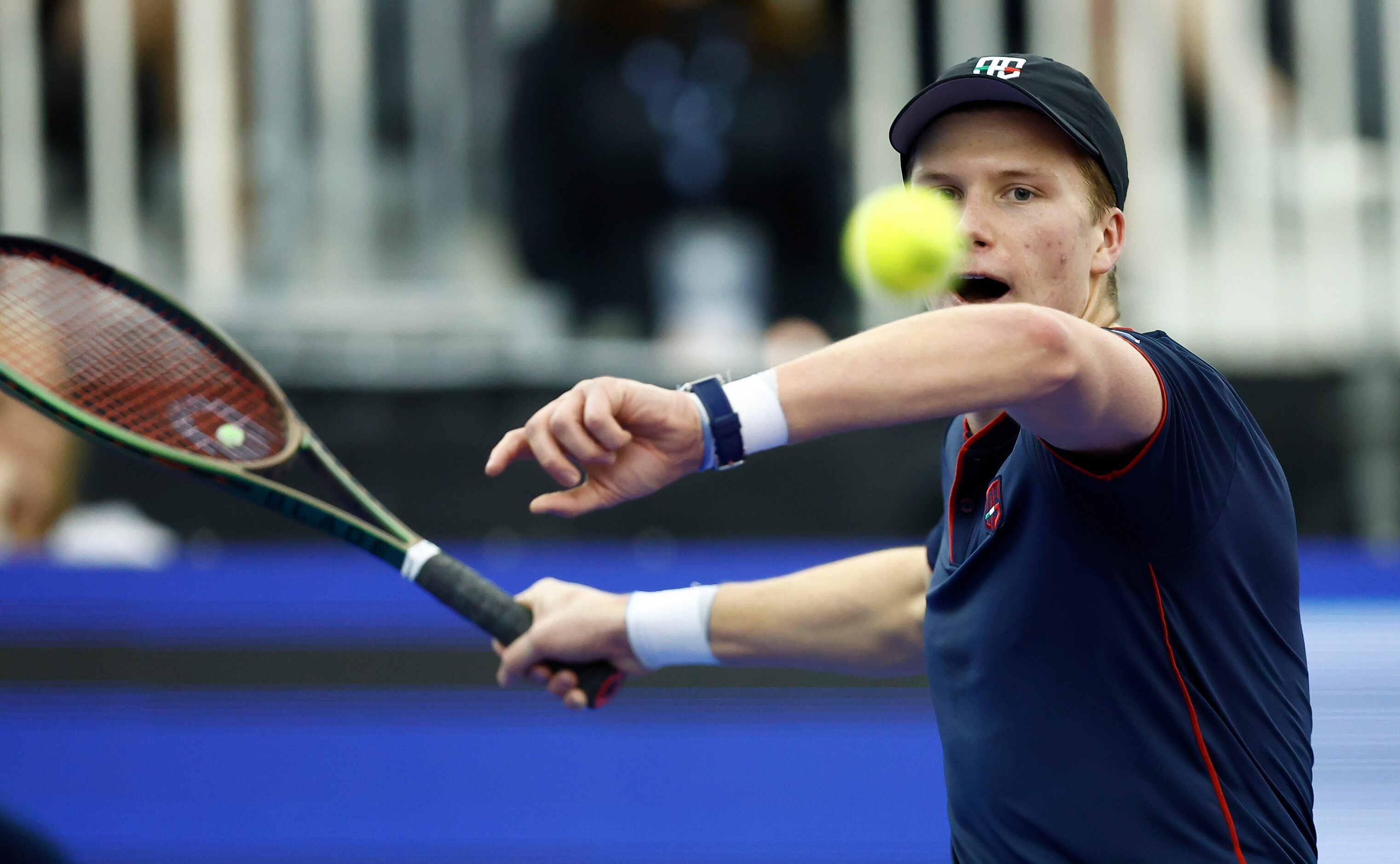 Jenson Brooksby returns the ball during the finals of the ATP Dallas Open against Reilly...