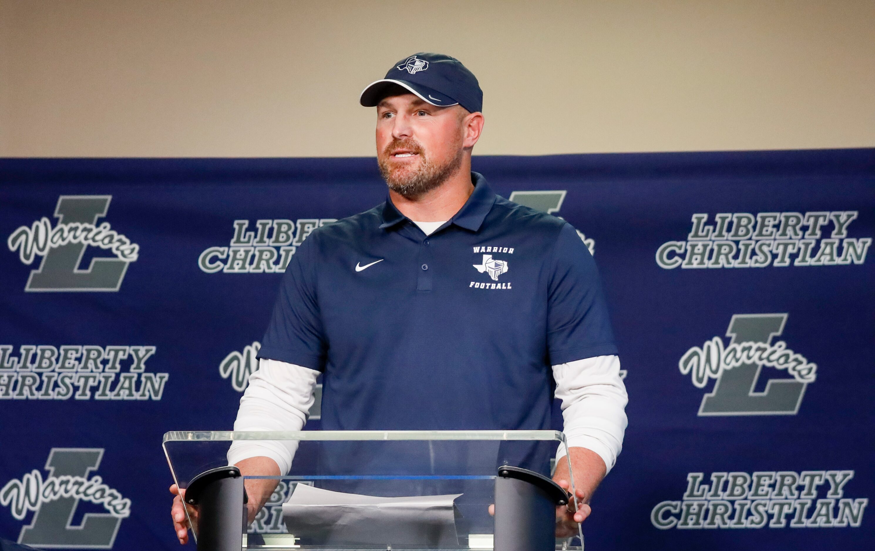 Argyle Liberty Christian head coach Jason Witten speaks during a press conference on Friday,...