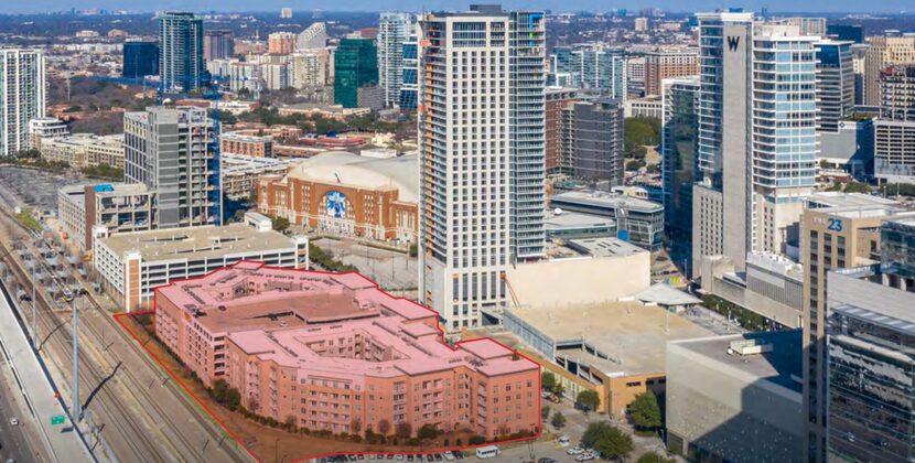 The Arpeggio apartments are next to DART's Victory Park rail station.