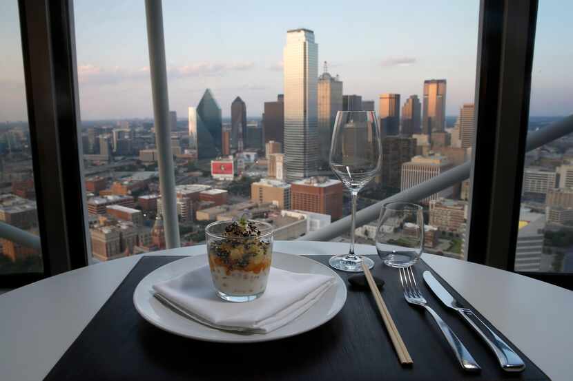 A desert of halo halo with a Dallas skyline in the background at Five Sixty by Wolfgang Puck...