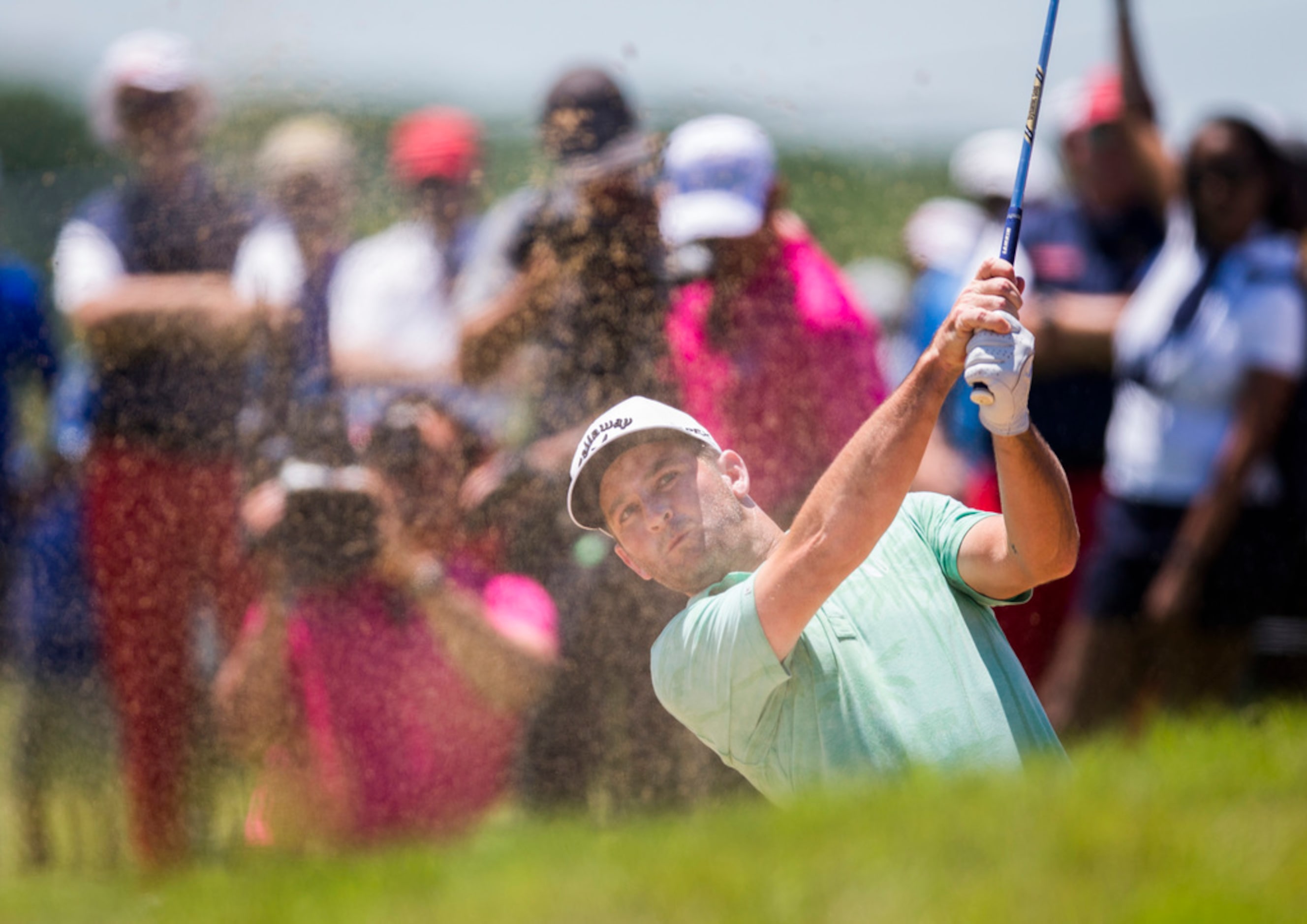 Matt Every hits a ball out of a sand trap on hole 4 during round 4 of the AT&T Byron Nelson...