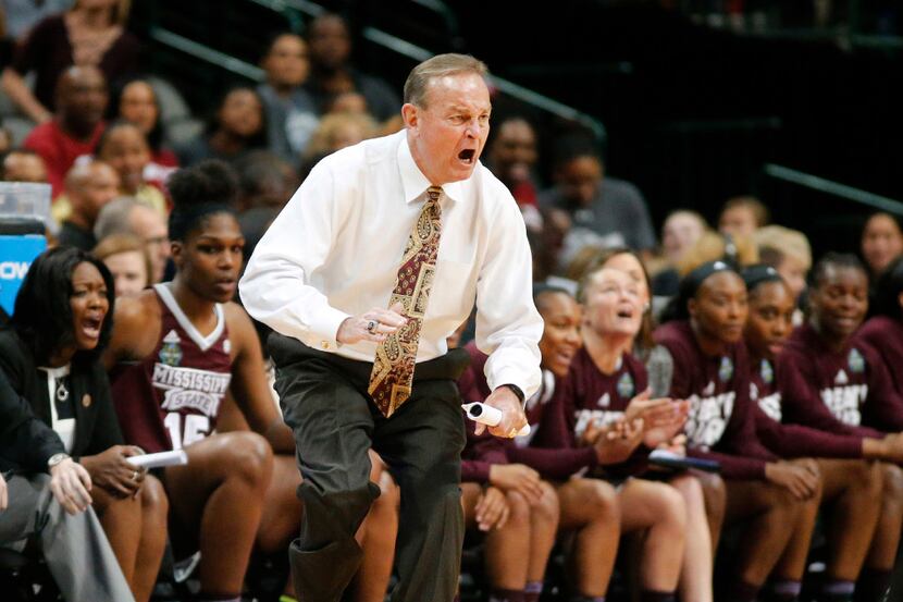 Mississippi State Lady Bulldogs head coach Vic Schaefer yells to his players during the...