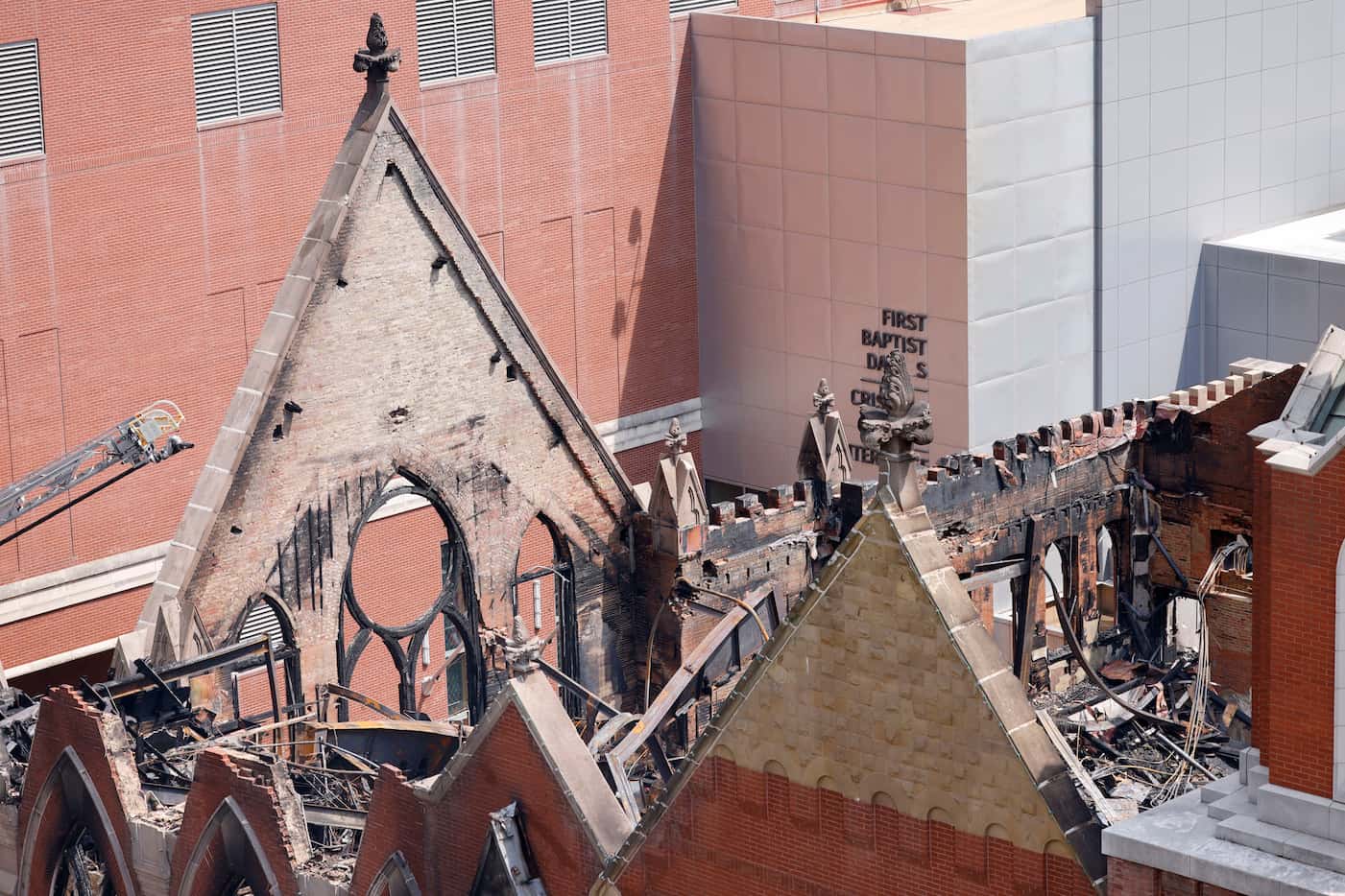 Fire damage at First Baptist Dallas church is seen, Saturday, July 20, 2024, after a fire...