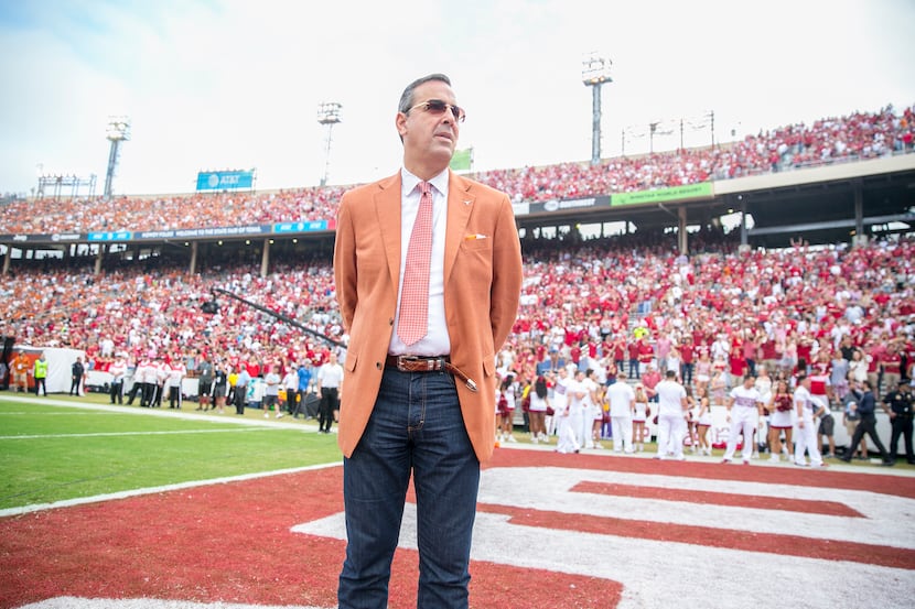 Texas Longhorns athletic director Chris Del Conte  looks on during pregame of an NCAA...