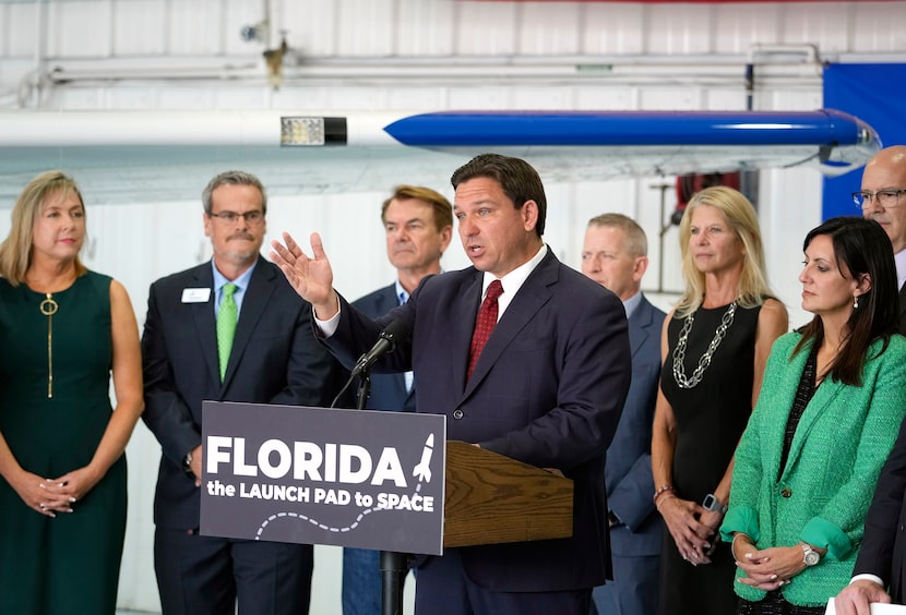 Gov. Ron DeSantis holds a news conference at Embry-Riddle Aeronautical University in Daytona...