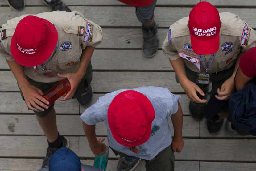 Scouts make their way to AT&T Summit Stadium for a visit by President Donald Trump during...