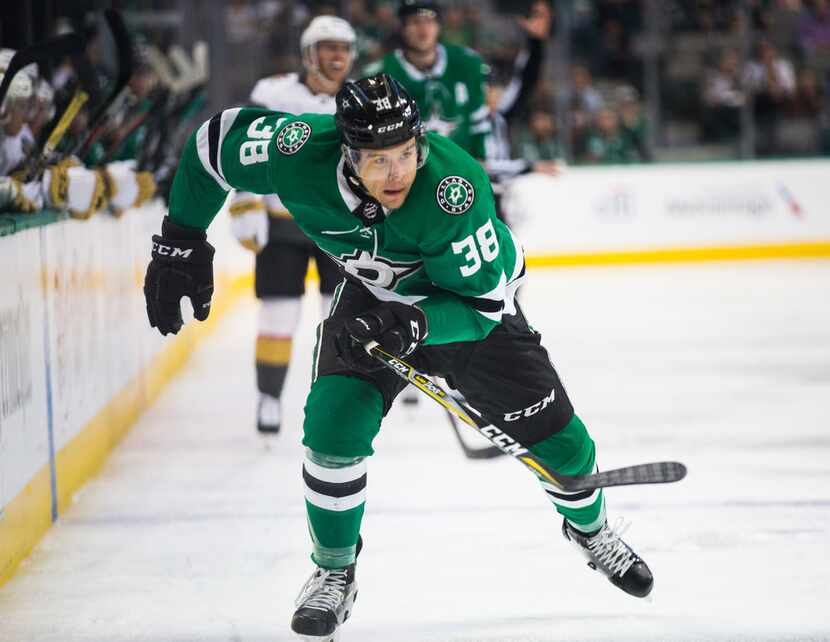 Dallas Stars center Joel L'Esperance (38) makes his way to the goal during the first period...