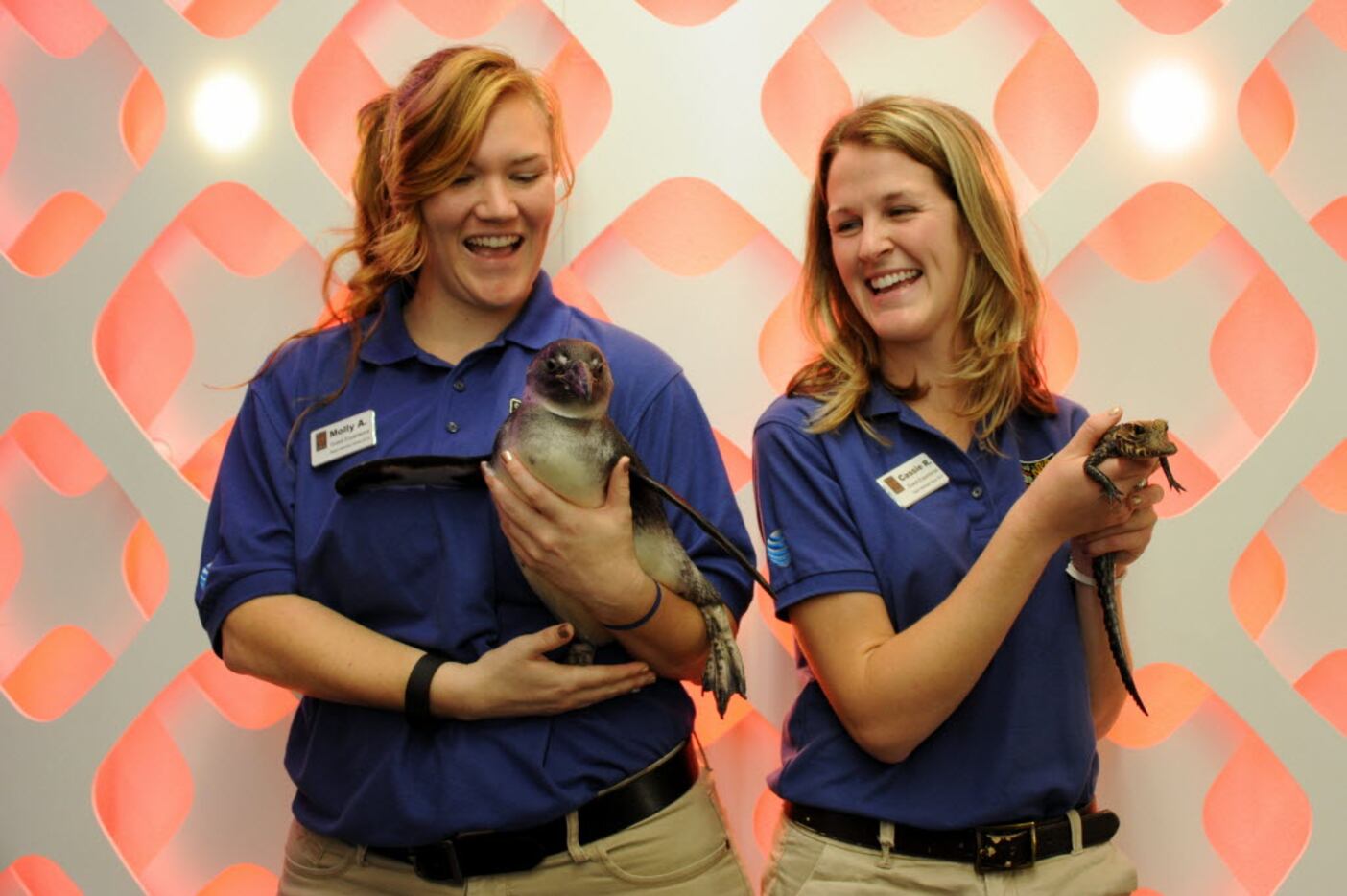 Molly Andrews and Cassie Richards from the Dallas Zoo bring friends Melody the penguin and...