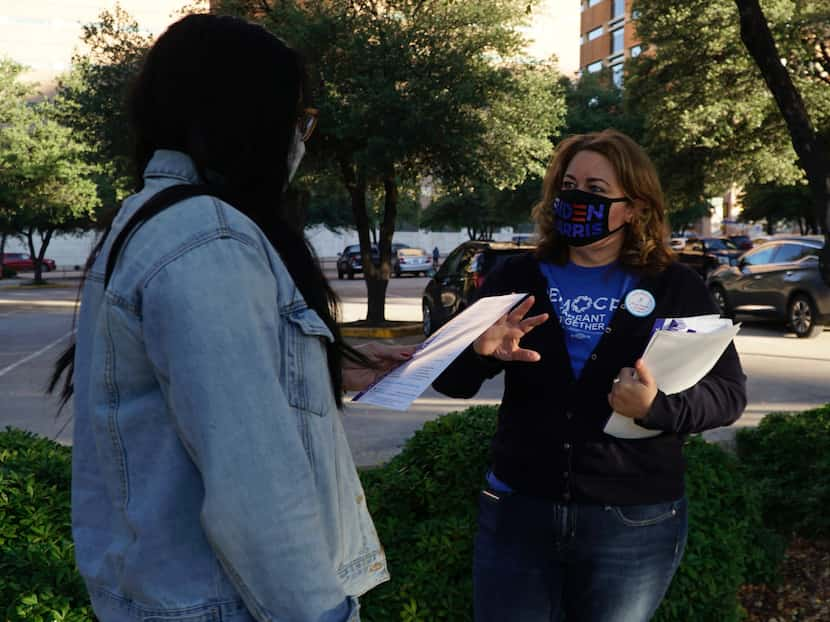 Biden volunteer Jana Lynne Sanchez handed out voting information outside the Tarrant County...