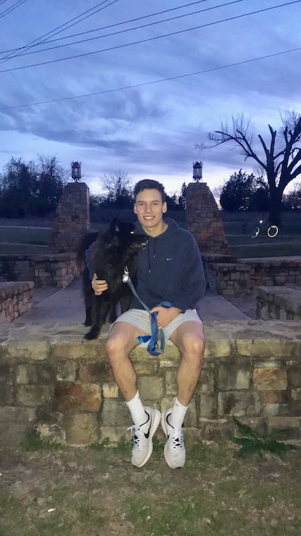 Gregory Ferrara wiith Virginia Whittington's dog Ray during a walk at White Rock Lake...