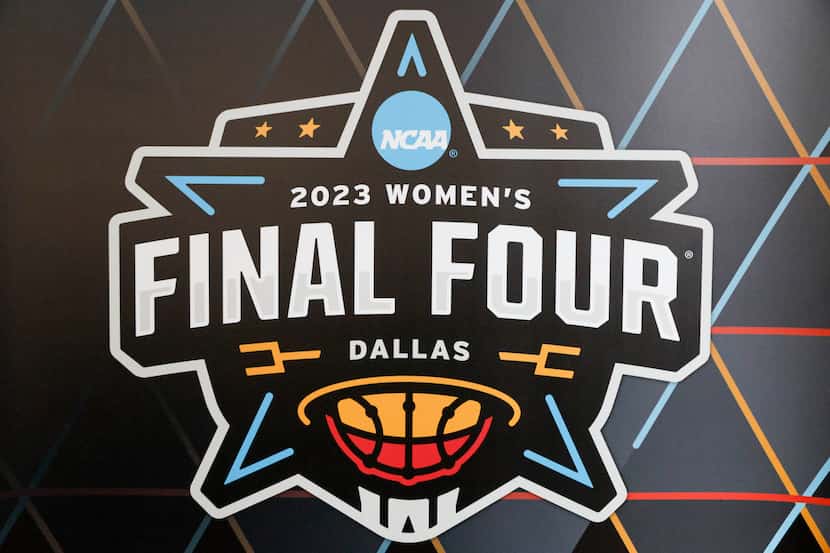 The 2023 NCAA Women’s Final Four logo pictured at the American Airlines Center in Dallas,...