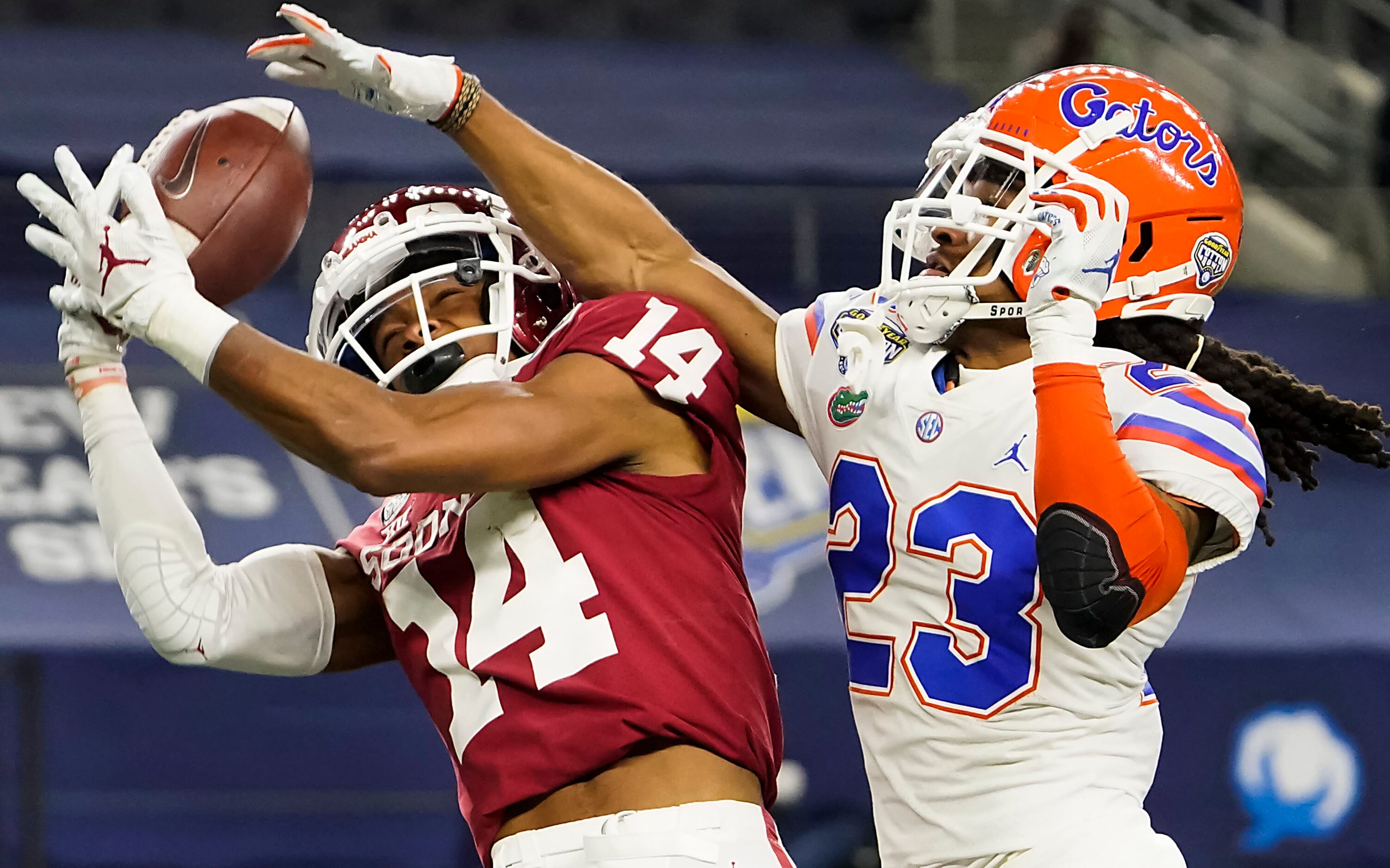 Florida defensive back Jaydon Hill (23) breaks up a pass intended for Oklahoma wide receiver...