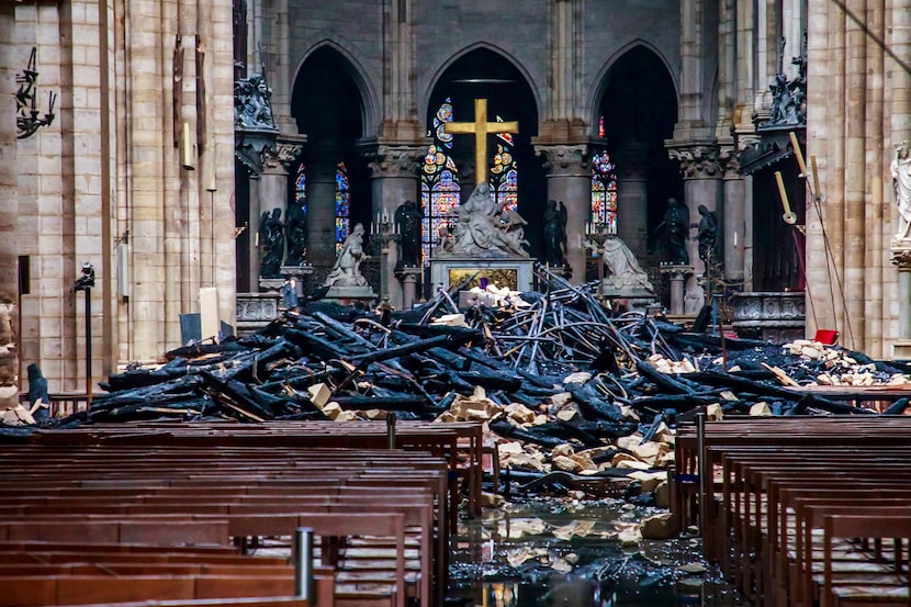 The Notre Dame Cathedral in Paris after the fire in April 2019. 