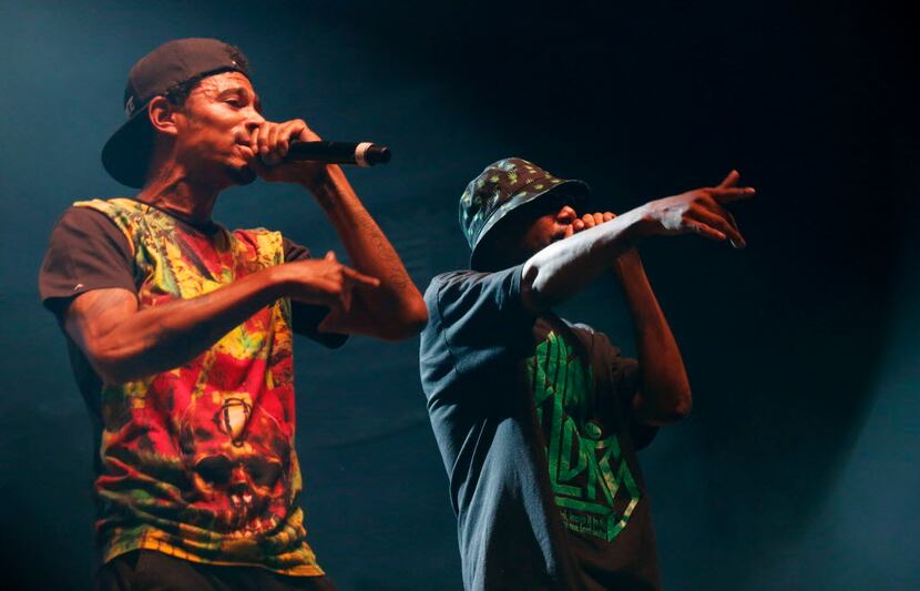 Bone Thugs-N-Harmony performs during the Kings Of The Mic concert at Gexa Energy Pavilion.