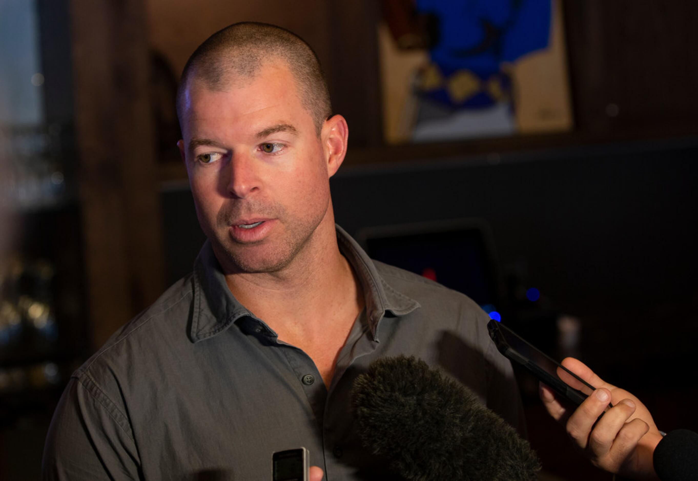 New Texas Rangers pitcher Corey Kluber answers media questions during the Rangers' Peek at...