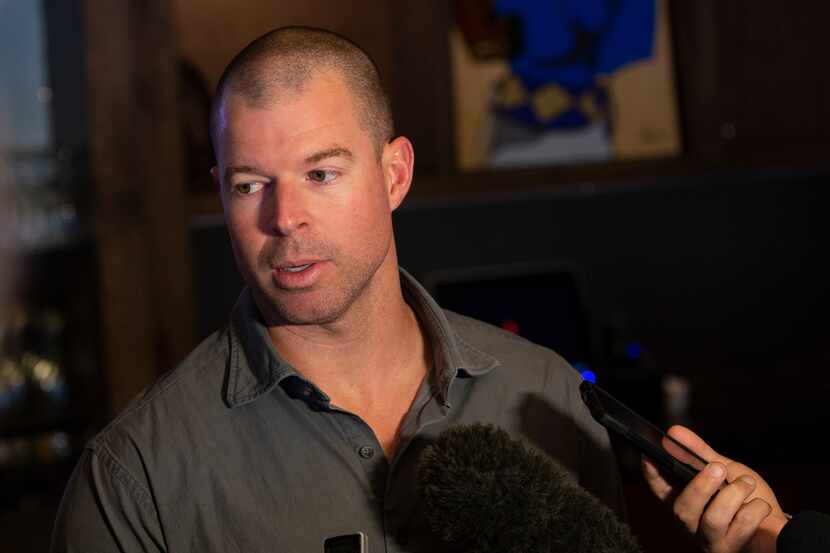 New Rangers pitcher Corey Kluber answers questions during the Rangers' Peek at the Park fan...
