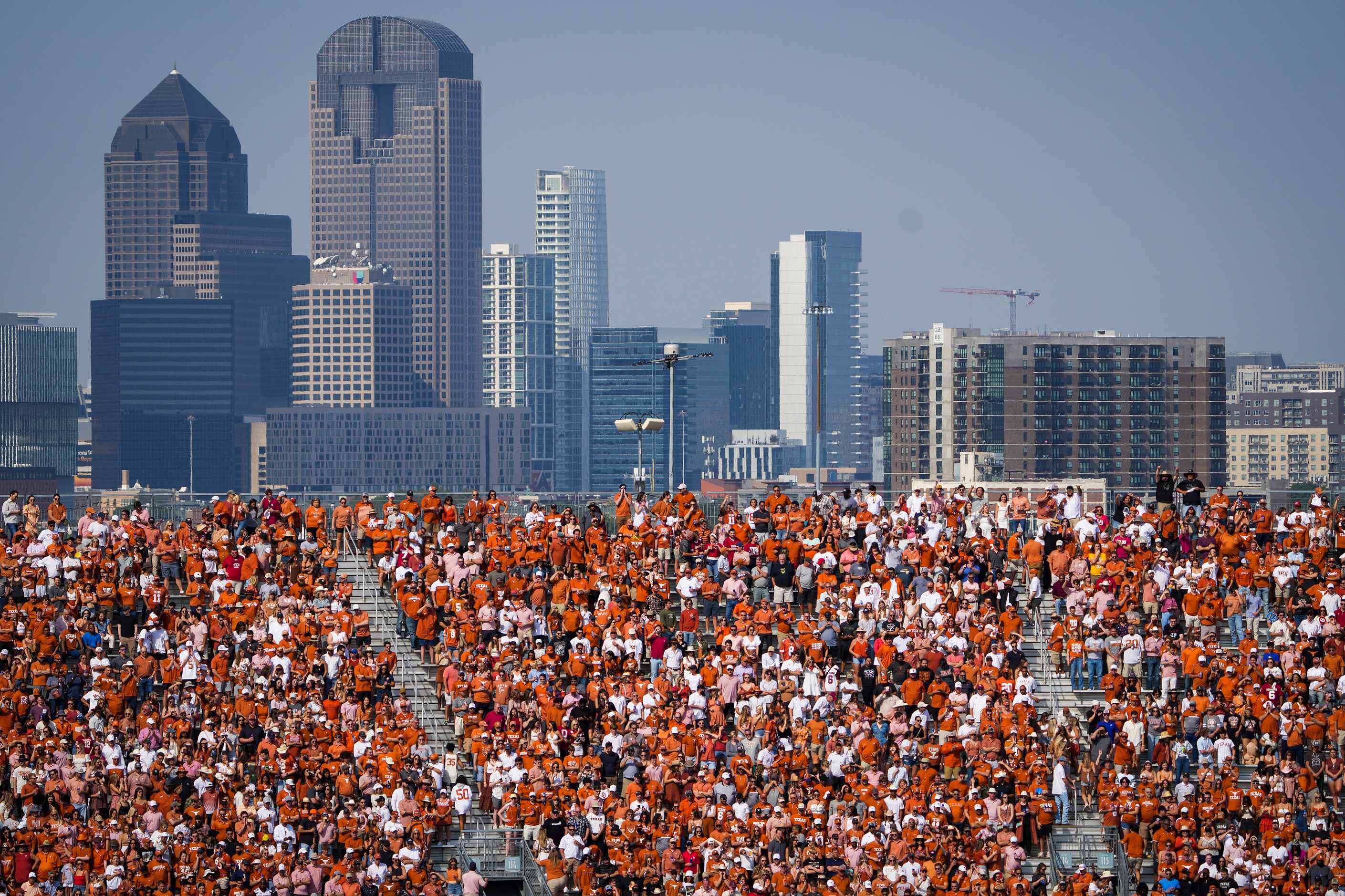 Texas fans fill the stands on the upper deck of the north end of the stadium before the...