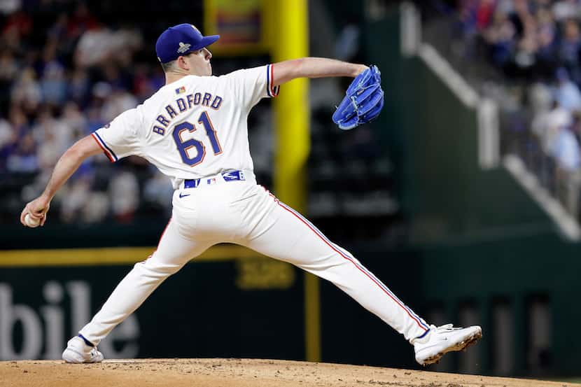 Texas Rangers pitcher Cody Bradford (61) throws against the Oakland Athletics during the...