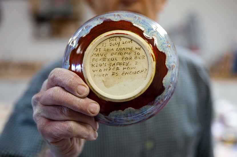 Bill Reed inscribes whimsical musings or political phrases onto the bottom of each bowl that...