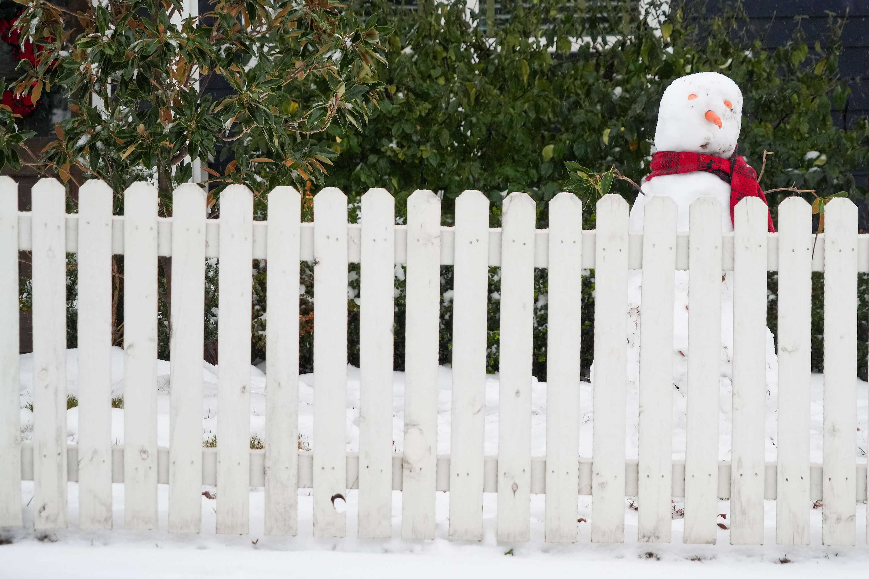 A snowman peeks over a picket fence on Virginia Avenue on Thursday, Jan. 9, 2025, in McKinney.