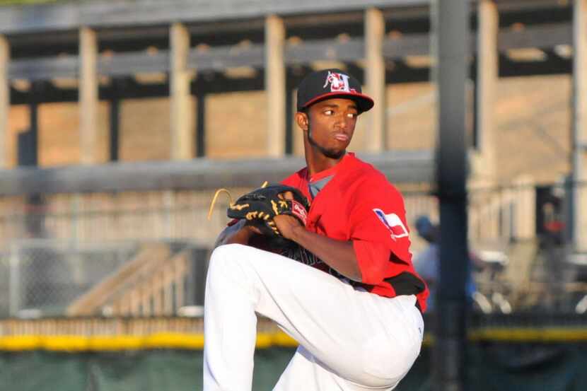 Texas Rangers minor league pitcher C.J. Edwards pitches for the Hickory (NC) Crawdads. 2013...