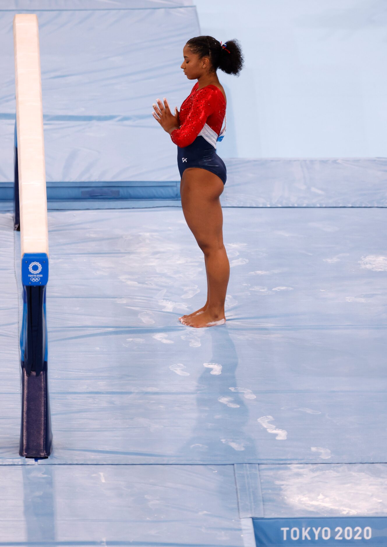 USA’s Jordan Chiles prepares to compete on the balance beam during the artistic gymnastics...