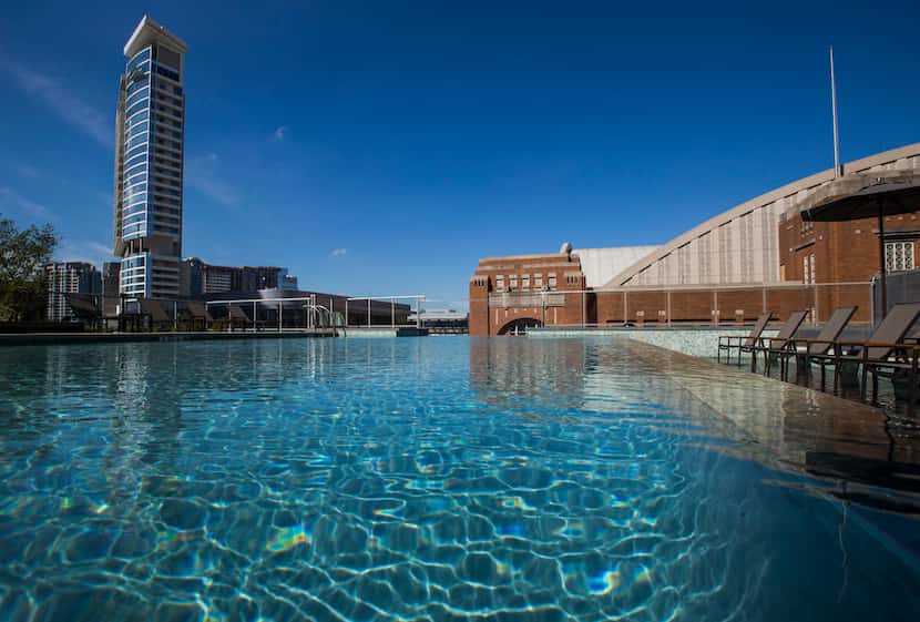 The sixth-floor pool overlooking the American Airlines center at the new Ascent Victory Park...
