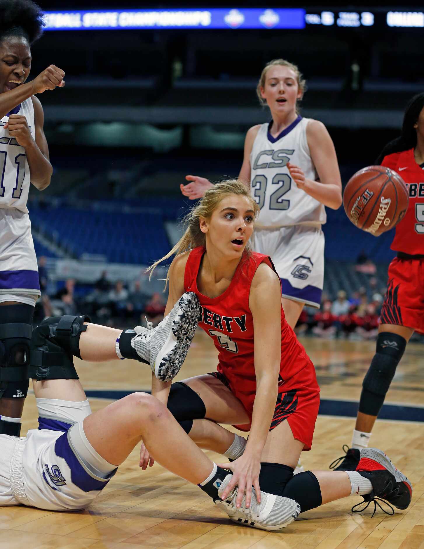 Frisco Liberty guard Lily Ziemkiewicz #3 reacts after being called for a turnover in a 5A...
