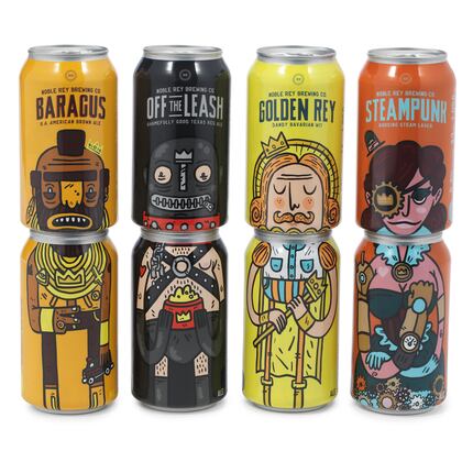 Each Noble Rey beer can features a character on the packaging. Stack two cans to see the...
