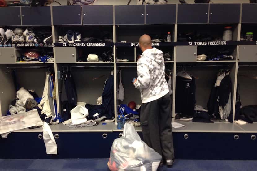 Dallas Cowboys James Hanna cleans out his locker at Dallas Cowboys headquarters in Irving on...