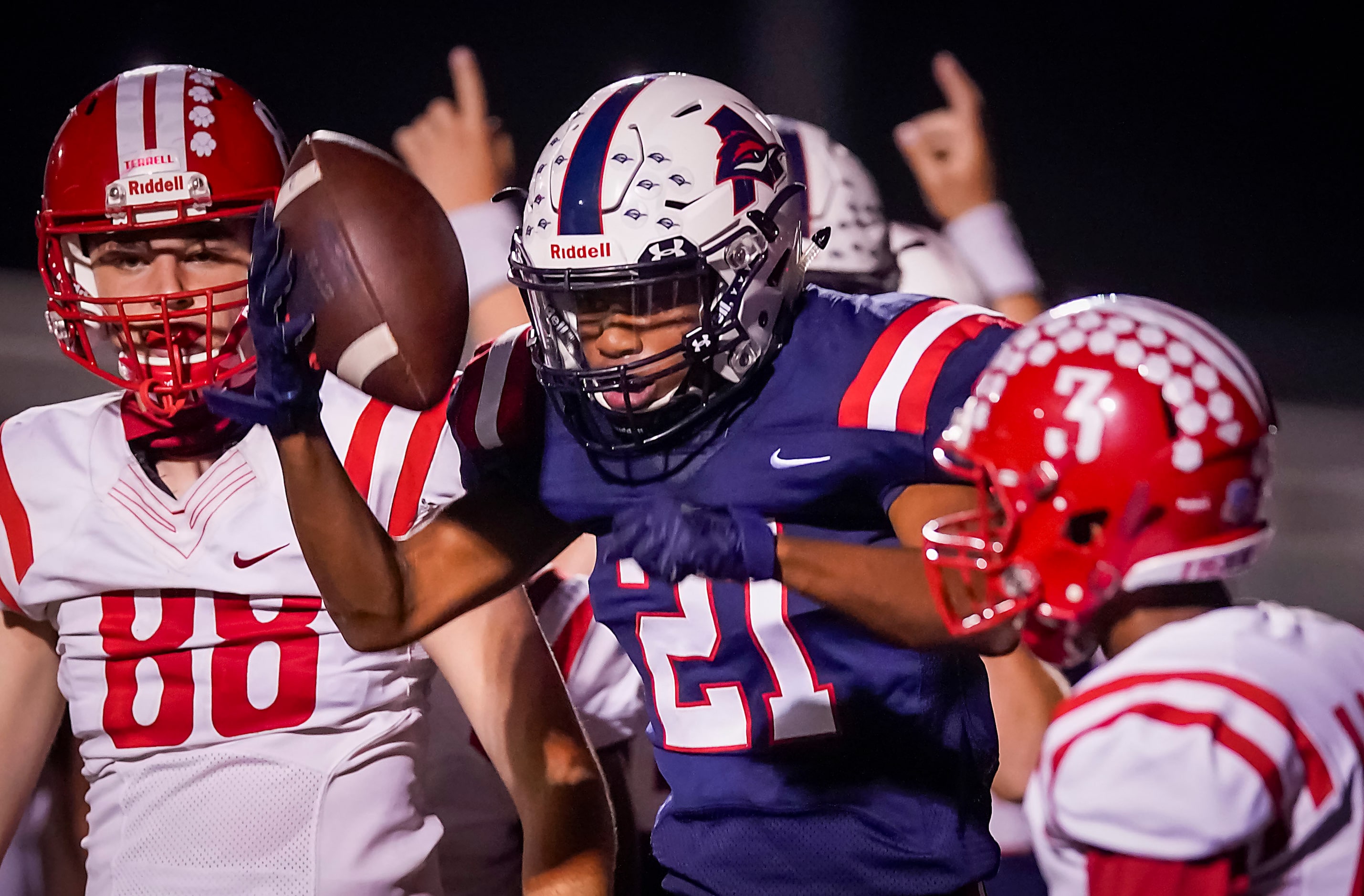 Aubrey running back  Braylon Colgrove (21) celebrates after rushing for a touchdown during...