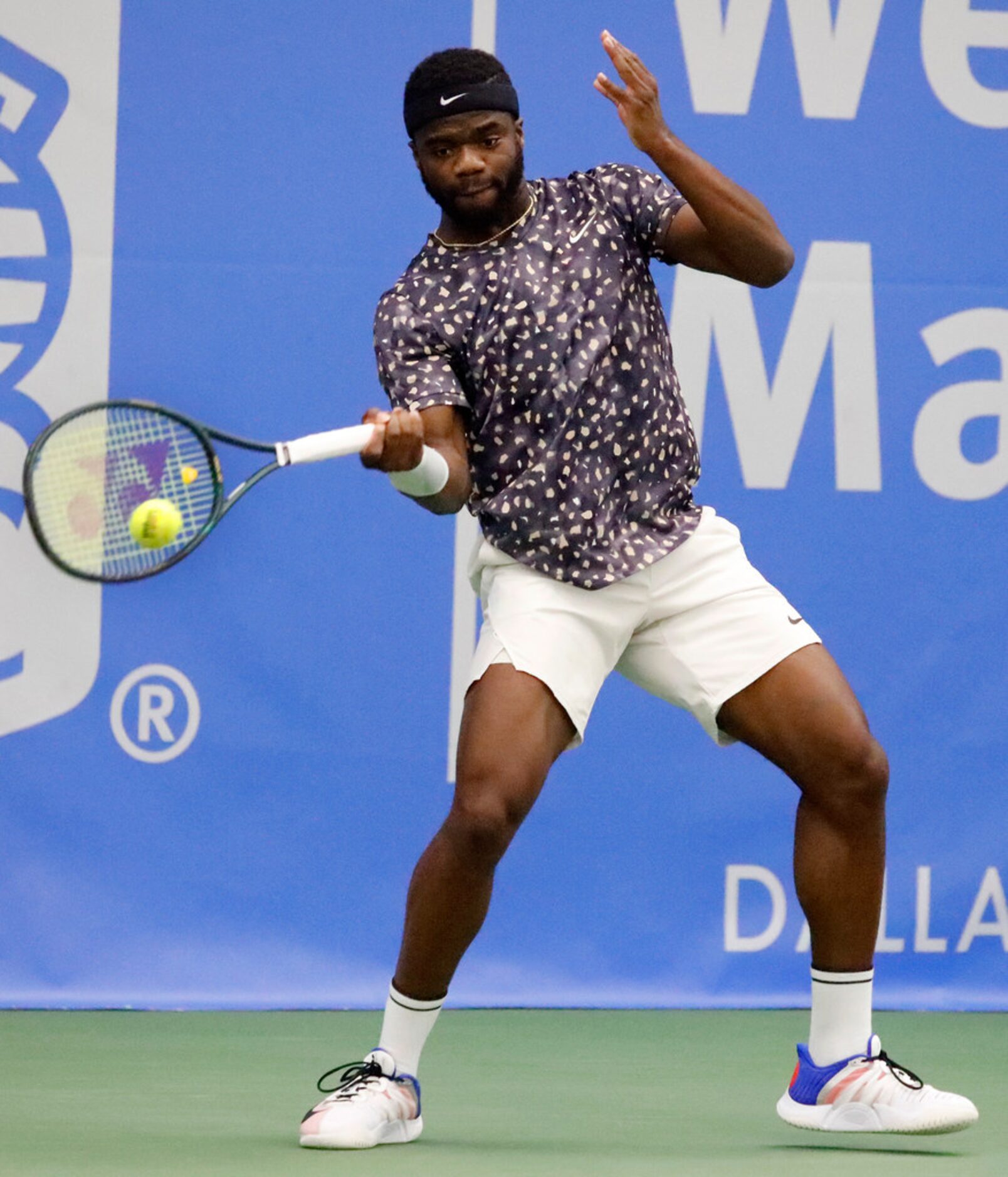 Frances Tiafoe returns volley as he played Denis Kudla in a match during the RBC Tennis...