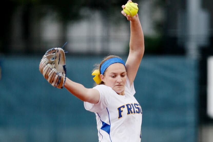Frisco junior pitcher Maddie MacGrandle (21) throws during the first inning of a high school...