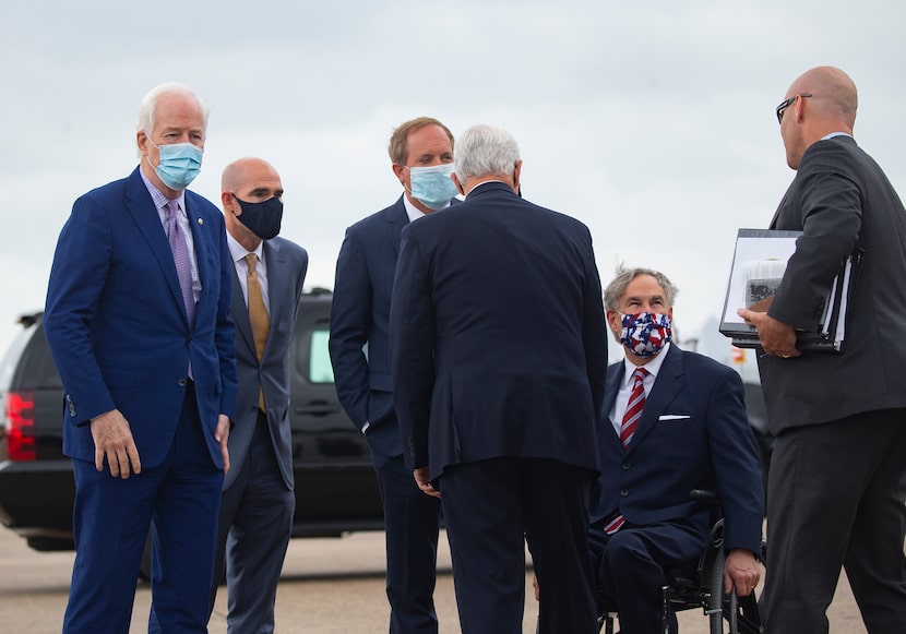 Texas House Speaker Dennis Bonnen, AG Ken Paxton and Gov. Greg Abbott greet Vice President...