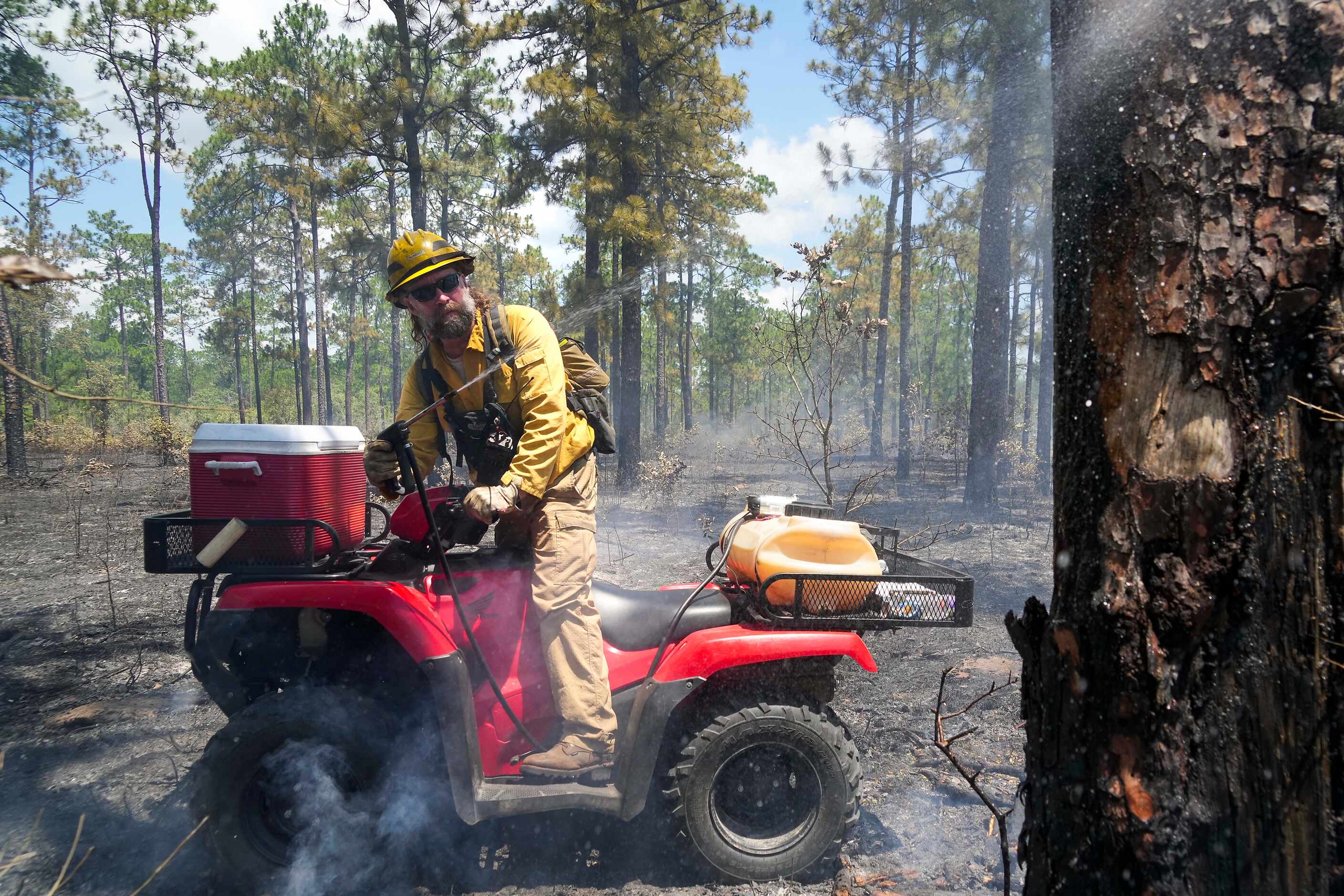 Shawn Benedict, East Texas Forest Preserves Manager for The Nature Conservancy, douses hot...
