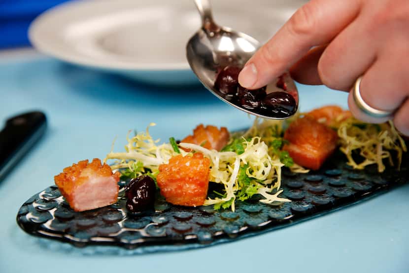 Grapes cooked down in port and red wine are the finishing touch on an appetizer: a riff on...