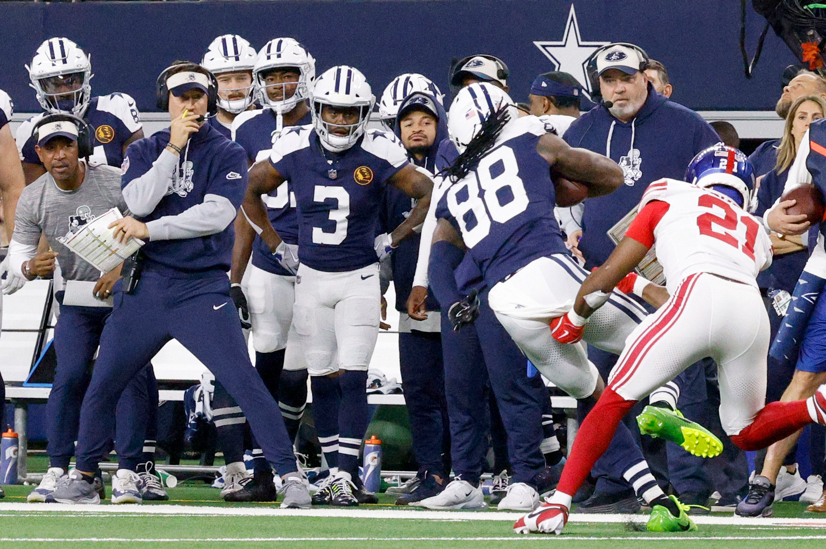 Dallas Cowboys wide receiver CeeDee Lamb (88) is tackled by New York Giants cornerback...