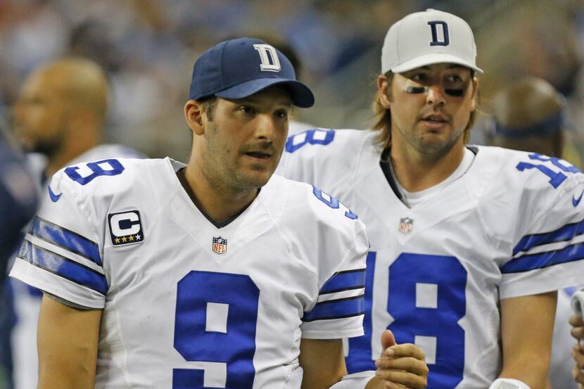 Dallas Cowboys quarterbacks Tony Romo (9) and Kyle Orton (18) are pictured during the Dallas...