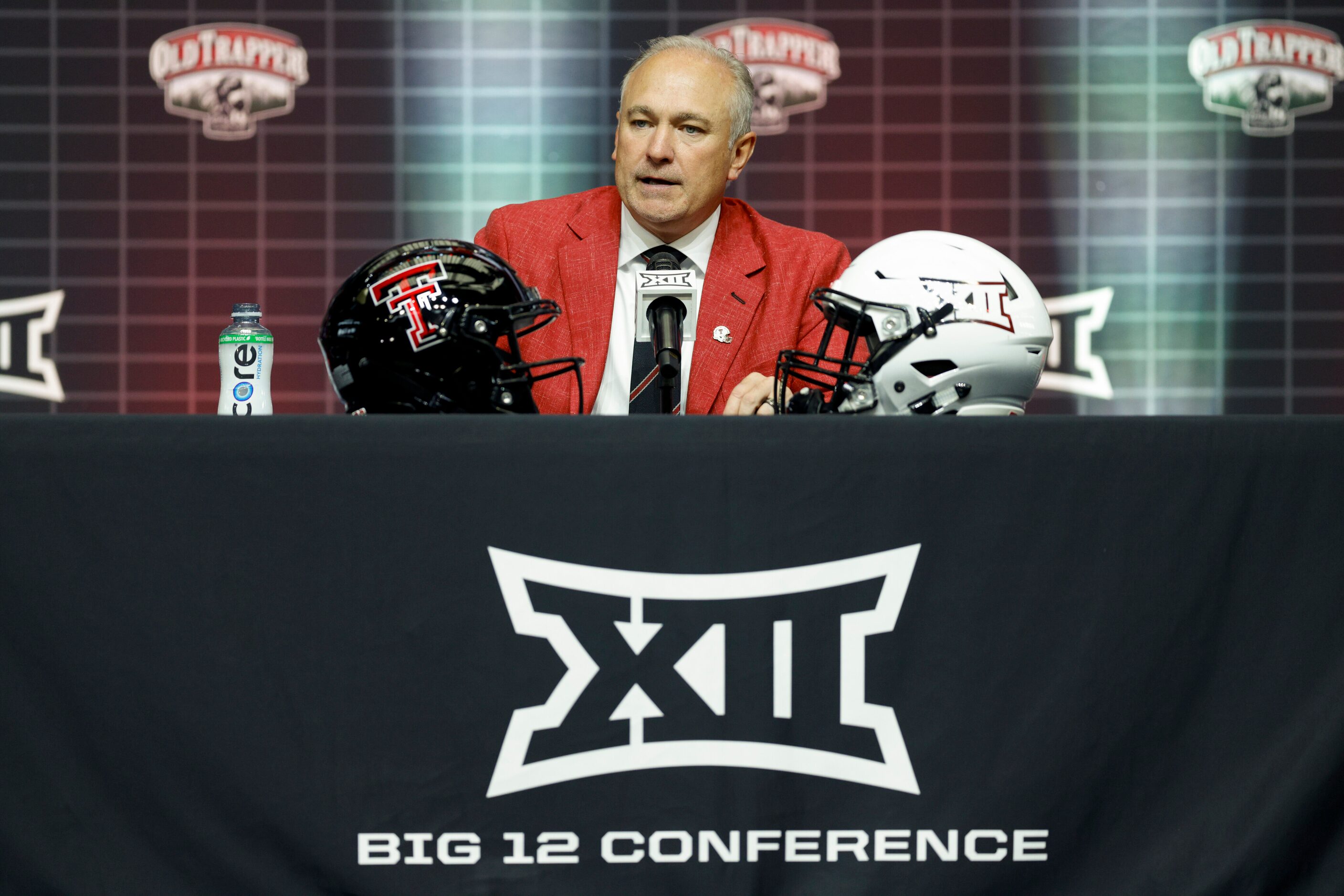 Texas Tech head coach Joey McGuire speaks during the Big 12 Media Days at AT&T Stadium,...