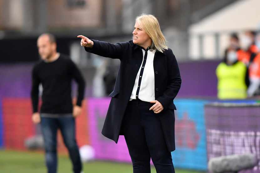 Chelsea's coach Emma Hayes directs her team during the UEFA Women's Champions League final...