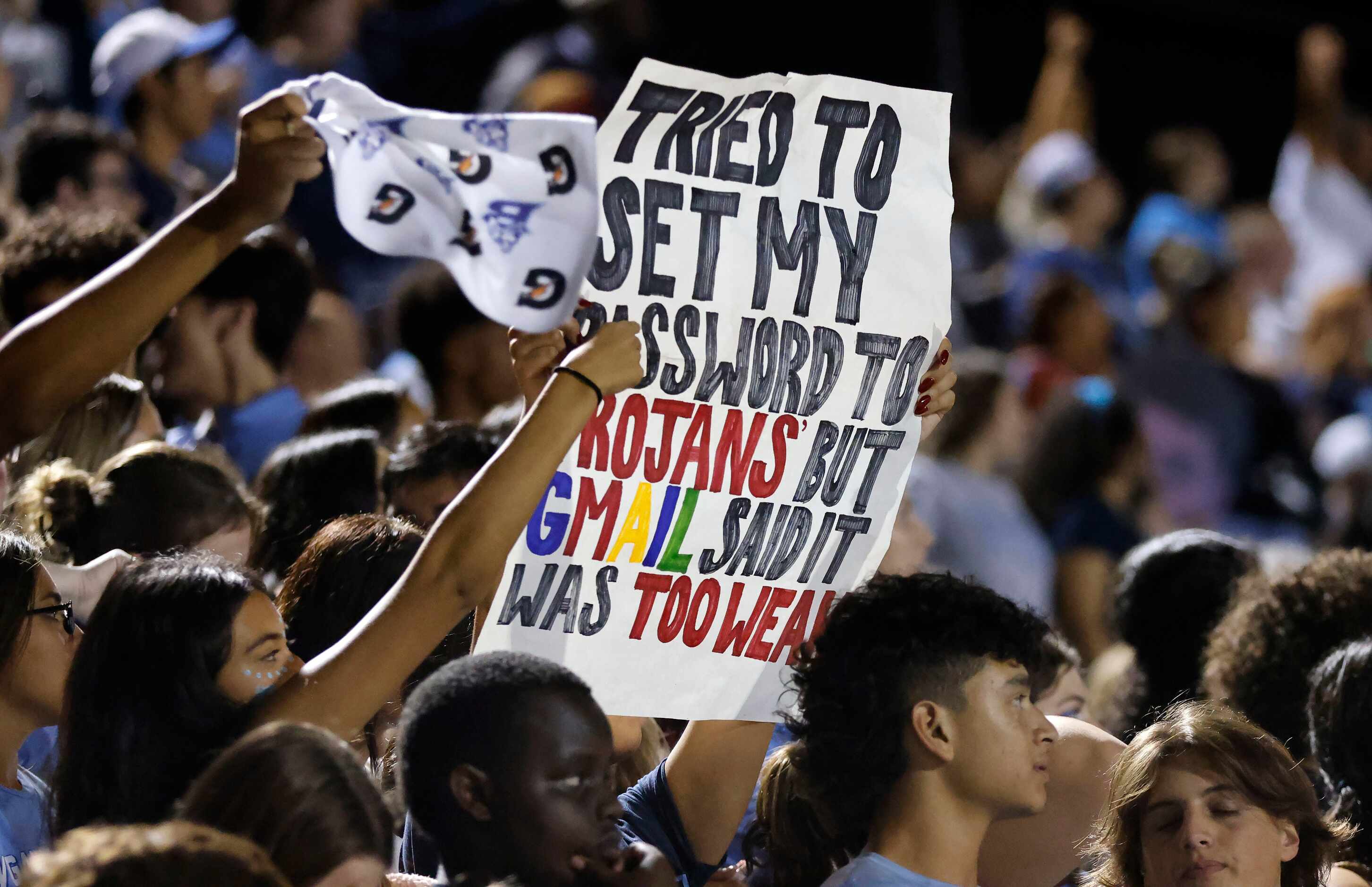 Hurst L.D. Bell fans poke fun at Euless Trinity fans during the second half at Pennington...