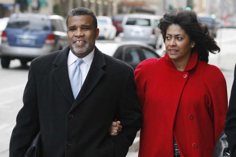 Former Dallas City Council member Don Hill and wife Sheila Farrington enter the Earle Cabell...