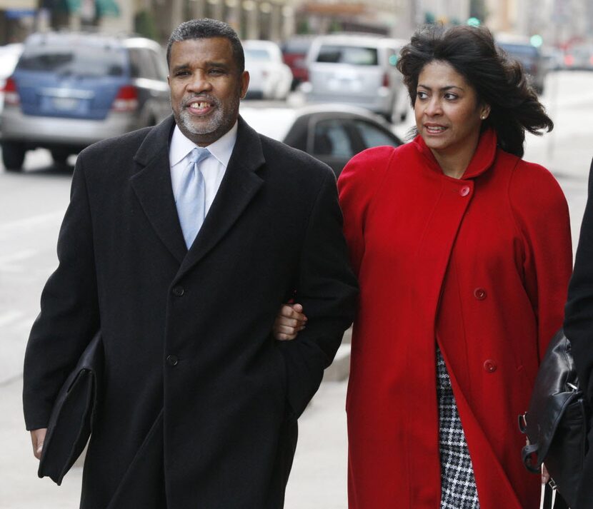 Former Dallas City Council member Don Hill and wife Sheila Farrington enter the Earle Cabell...